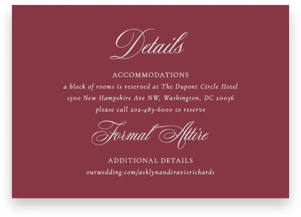 This is a 5" x 3½" Wedding Invitation Enclosure Card called Georgetown printed in full color with Silver foil on Luxe Satin (coated) paper
