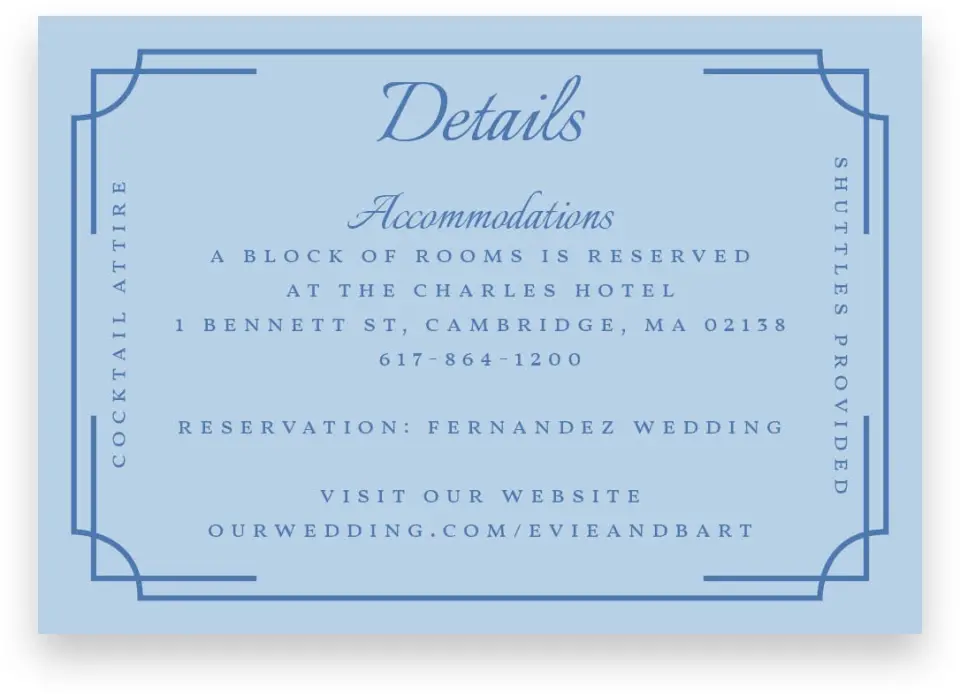 This is a 5" x 3½" Wedding Invitation Enclosure Card called Cambridge printed in full color on Premium Smooth paper