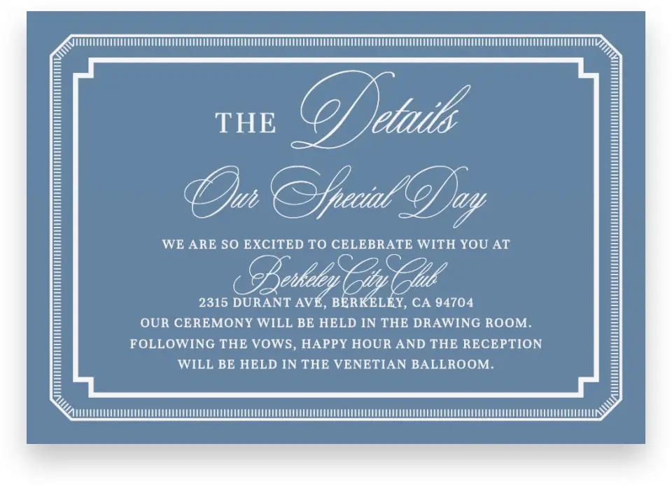 This is a 5" x 3½" Wedding Invitation Enclosure Card called Berkeley printed in full color on Premium Smooth paper