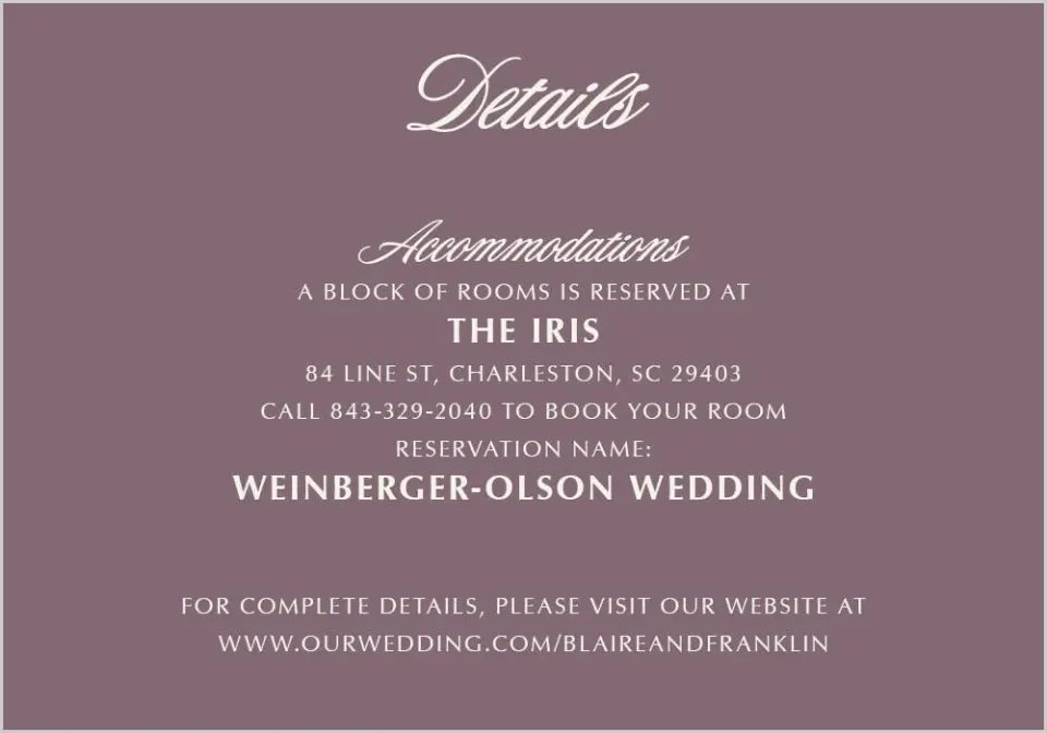This is a 5" x 3½" Wedding Invitation Enclosure Card called Charleston printed in full color on Premium Smooth paper