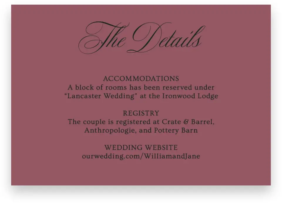 This is a 5" x 3½" Wedding Invitation Enclosure Card called Hillsborough printed in full color on Premium Smooth paper