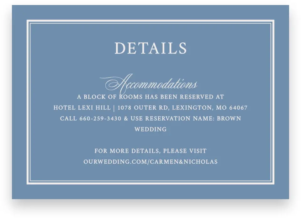 This is a 5" x 3½" Wedding Invitation Enclosure Card called Vintage Reverie printed in full color with Silver foil on Luxe Satin (coated) paper