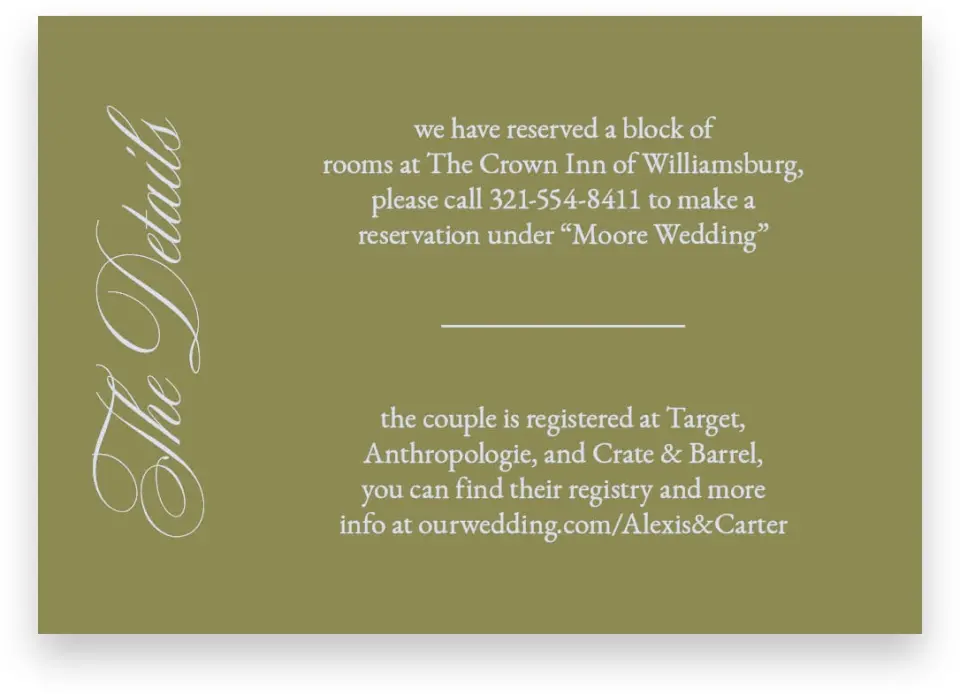 This is a 5" x 3½" Wedding Invitation Enclosure Card called Signature Vows printed in full color on Premium Smooth paper