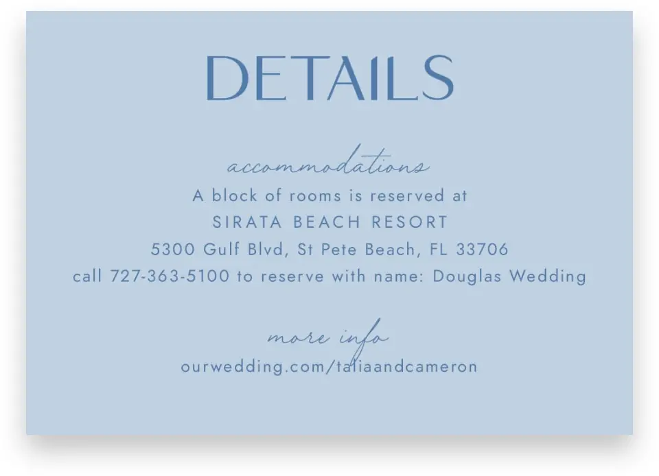This is a 5" x 3½" Wedding Invitation Enclosure Card called Seaside Serenade printed in full color on Premium Smooth paper