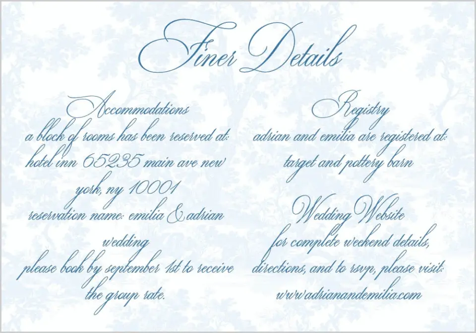 This is a 5" x 3½" Wedding Invitation Enclosure Card called Blue Toile Romance printed in full color on Premium Smooth paper