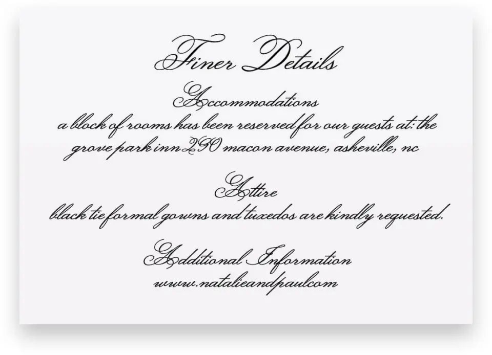 This is a 5" x 3½" Wedding Invitation Enclosure Card called Formal Script printed in full color on Premium Smooth paper
