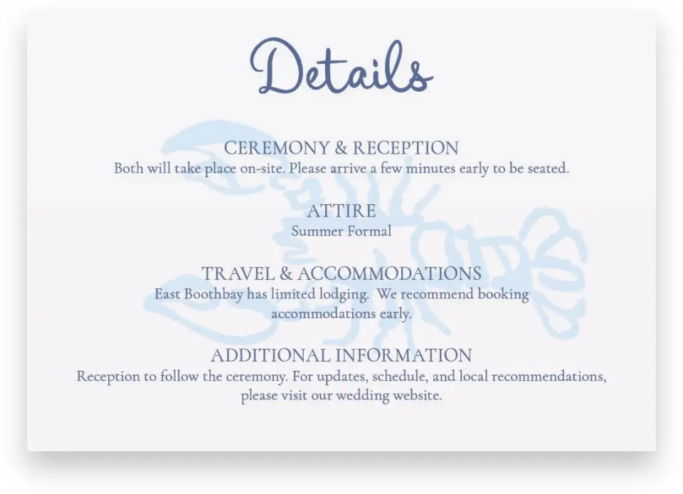 This is a 5" x 3½" Wedding Invitation Enclosure Card called Love by the Sea printed in full color on Premium Smooth paper