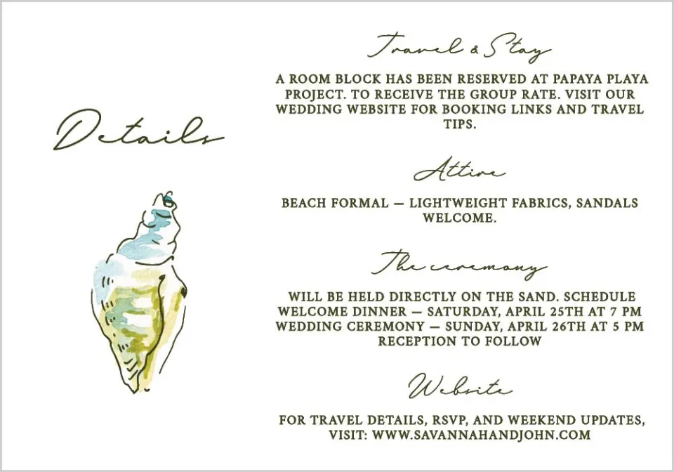This is a 5" x 3½" Wedding Invitation Enclosure Card called Whimsical Shells printed in full color on Premium Smooth paper