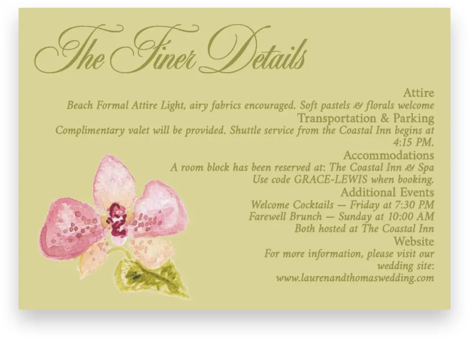 This is a 5" x 3½" Wedding Invitation Enclosure Card called Paradise in Bloom printed in full color on Premium Smooth paper
