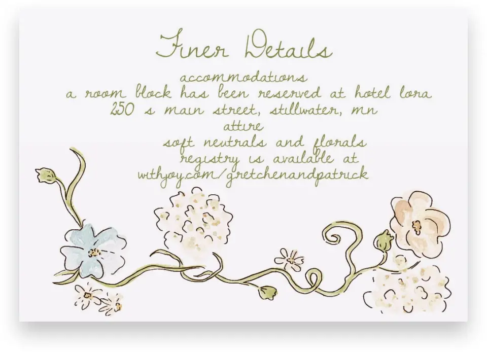 This is a 5" x 3½" Wedding Invitation Enclosure Card called Soft Garden Vows printed in full color with Gold foil on Premium Smooth paper