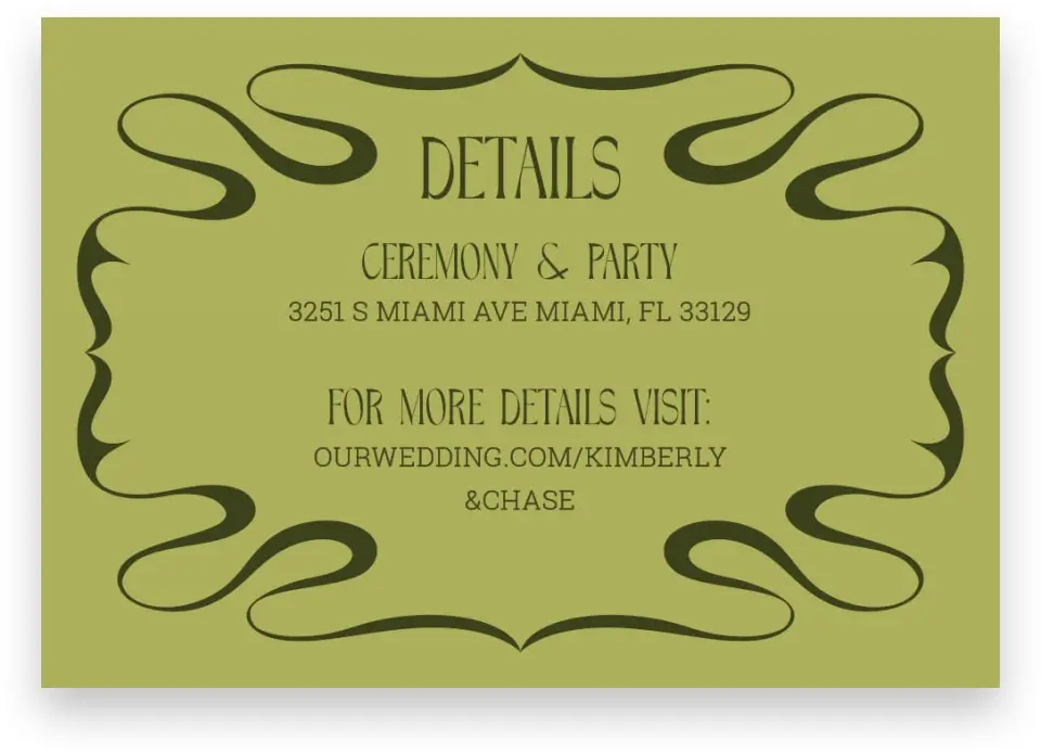 This is a 5" x 3½" Wedding Invitation Enclosure Card called Nouveau Romance printed in full color with Gold foil on Luxe Satin (coated) paper