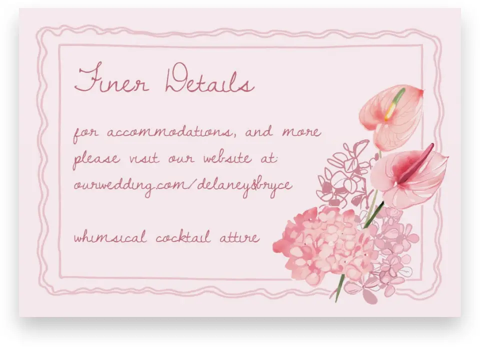 This is a 5" x 3½" Wedding Invitation Enclosure Card called Blushing Whimsy printed in full color with Gold foil on Premium Smooth paper