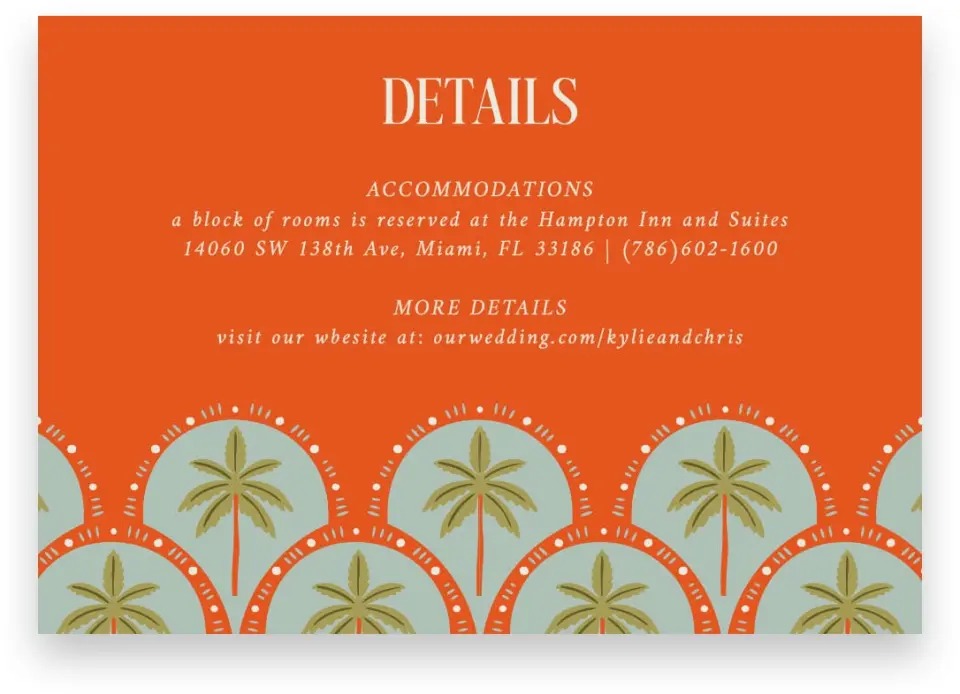 This is a 5" x 3½" Wedding Invitation Enclosure Card called Tropical Treasure printed in full color with Gold foil on Luxe Satin (coated) paper