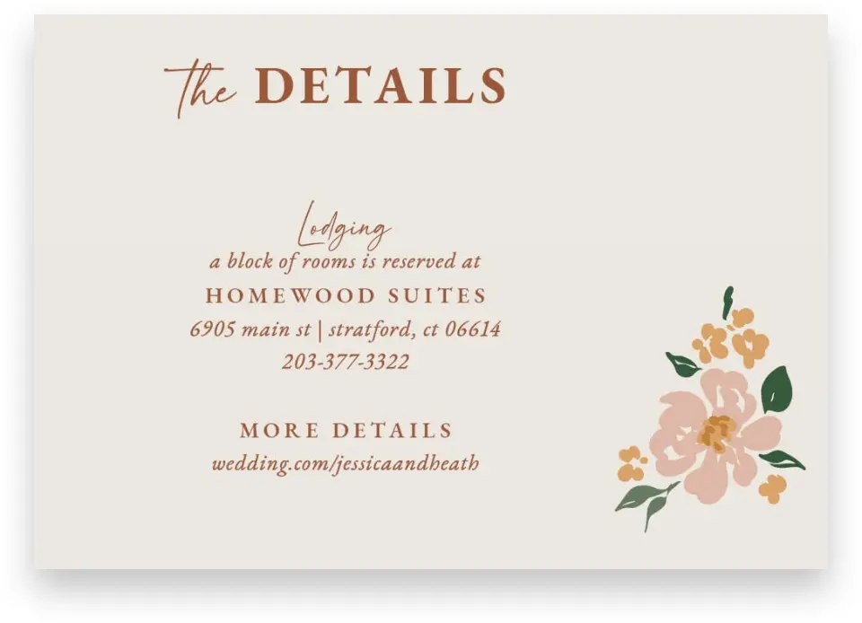 This is a 5" x 3½" Wedding Invitation Enclosure Card called Plush Petals printed in full color with Gold foil on Luxe Satin (coated) paper
