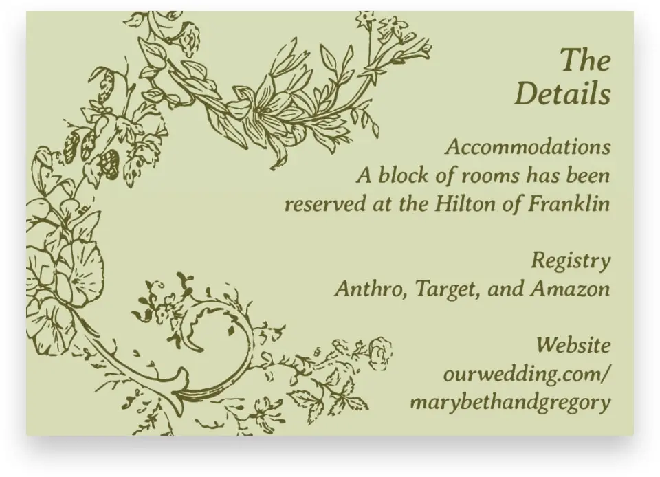 This is a 5" x 3½" Wedding Invitation Enclosure Card called Vintage Chinoiserie printed in full color with Gold foil on Premium Smooth paper