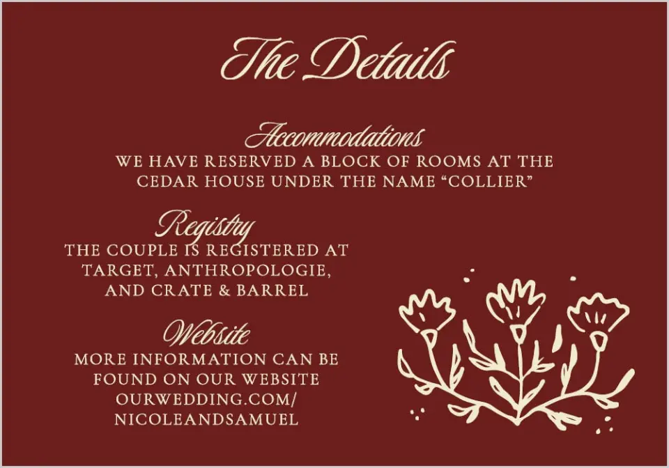 This is a 5" x 3½" Wedding Invitation Enclosure Card called Bloom & Crest printed in full color with Gold foil on Premium Smooth paper