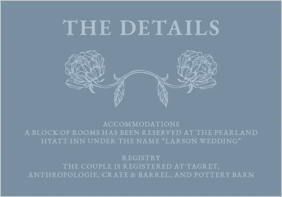 This is a 5" x 3½" Wedding Invitation Enclosure Card called Pressed Petals printed in full color with Gold foil on Premium Smooth paper