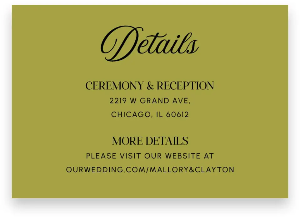 This is a 5" x 3½" Wedding Invitation Enclosure Card called The Mallory printed in full color on Premium Smooth paper