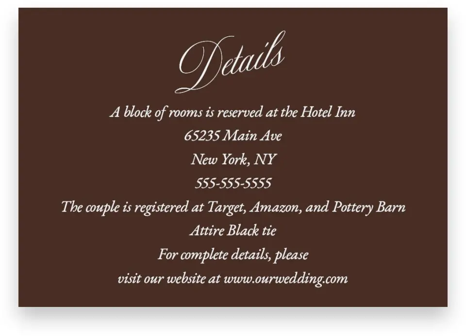 This is a 5" x 3½" Wedding Invitation Enclosure Card called The Isabelle printed in full color on Premium Smooth paper
