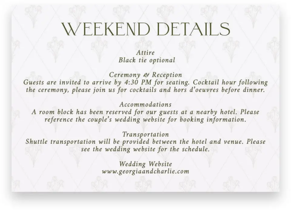 This is a 5" x 3½" Wedding Invitation Enclosure Card called The Georgia printed in full color on Premium Smooth paper