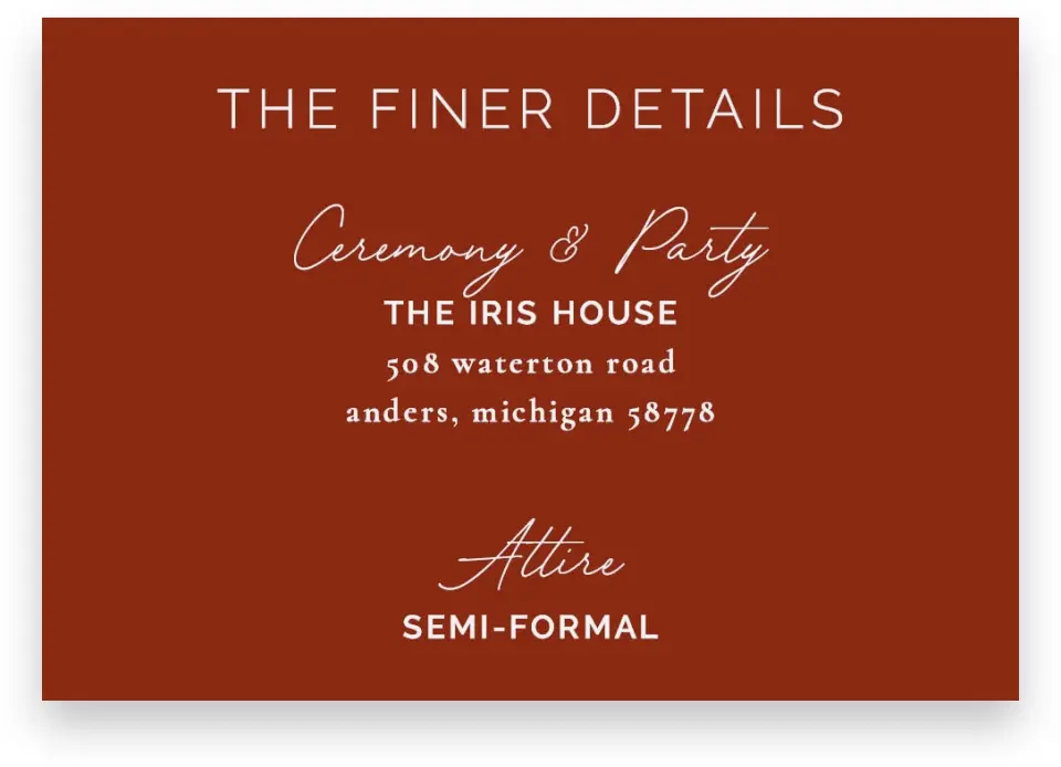 This is a 5" x 3½" Wedding Invitation Enclosure Card called The Chelsea printed in full color on Premium Smooth paper