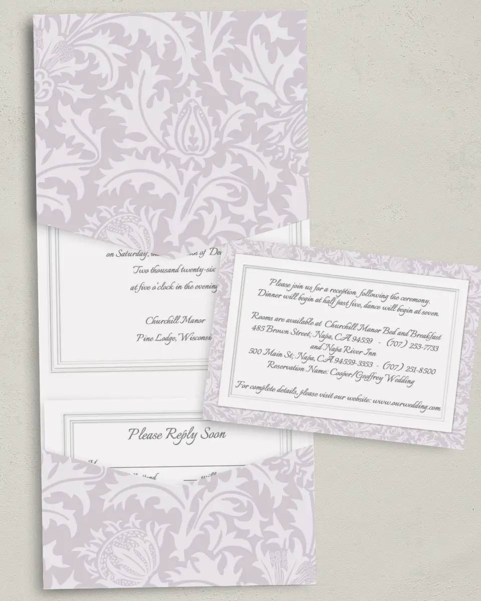 This is a 5¼" x 7¼" Folded Pocket Wedding Invitation called Classic Violet printed in full color on Premium Smooth paper