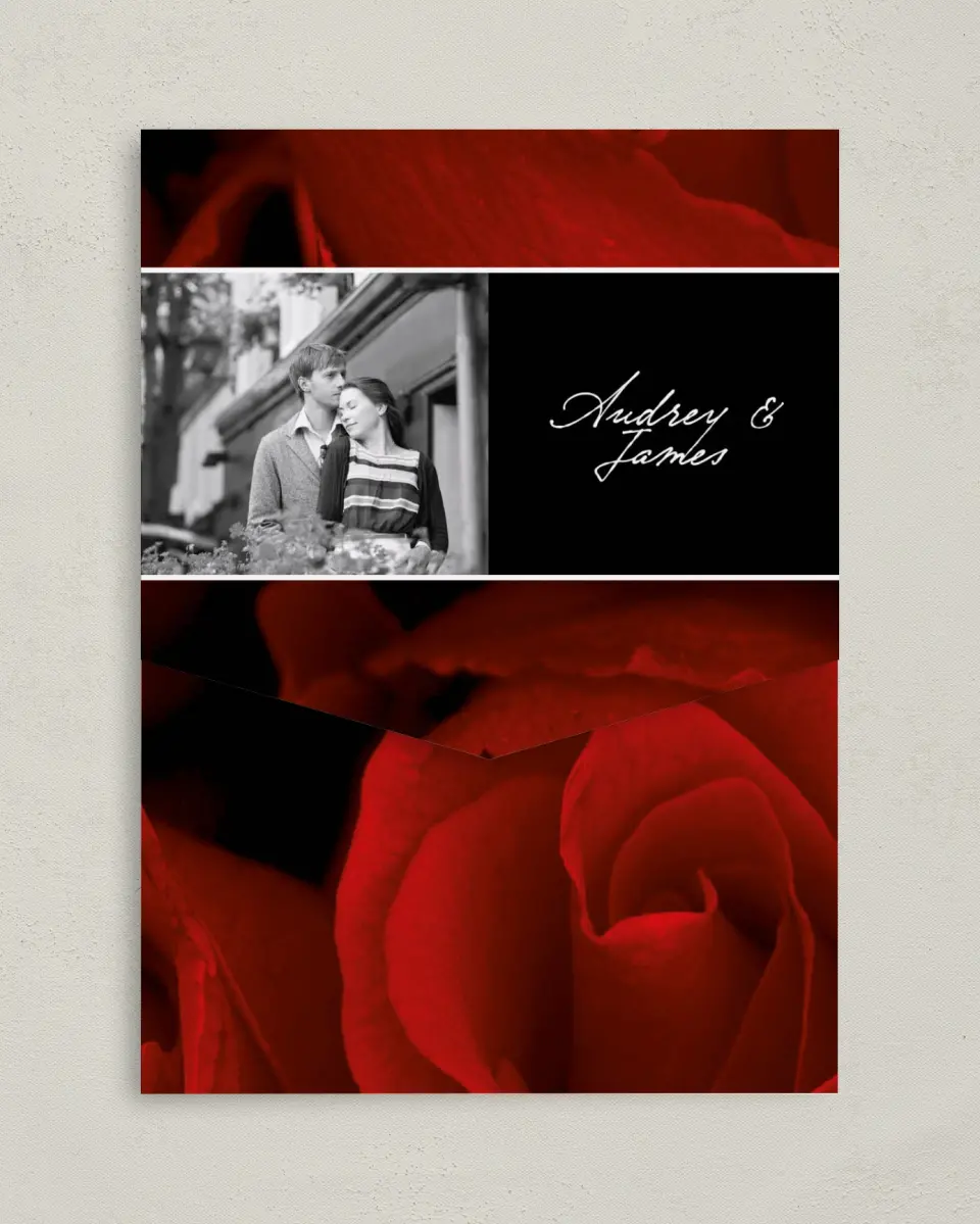 This is a 5¼" x 7¼" Folded Pocket Wedding Invitation called Dramatic Roses printed in full color on Premium Smooth paper