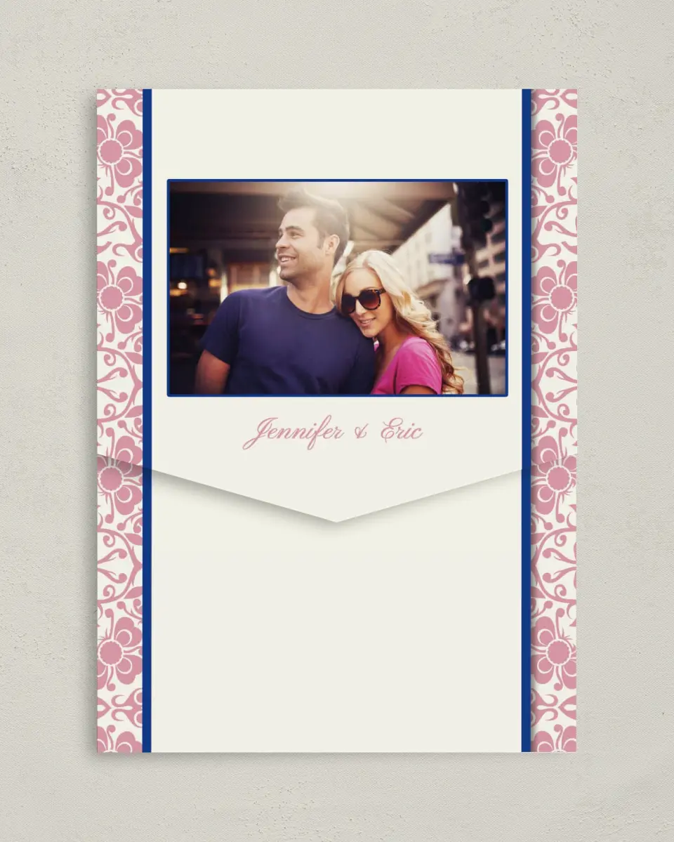 This is a 5¼" x 7¼" Folded Pocket Wedding Invitation called Floral Ornament printed in full color on Premium Smooth paper