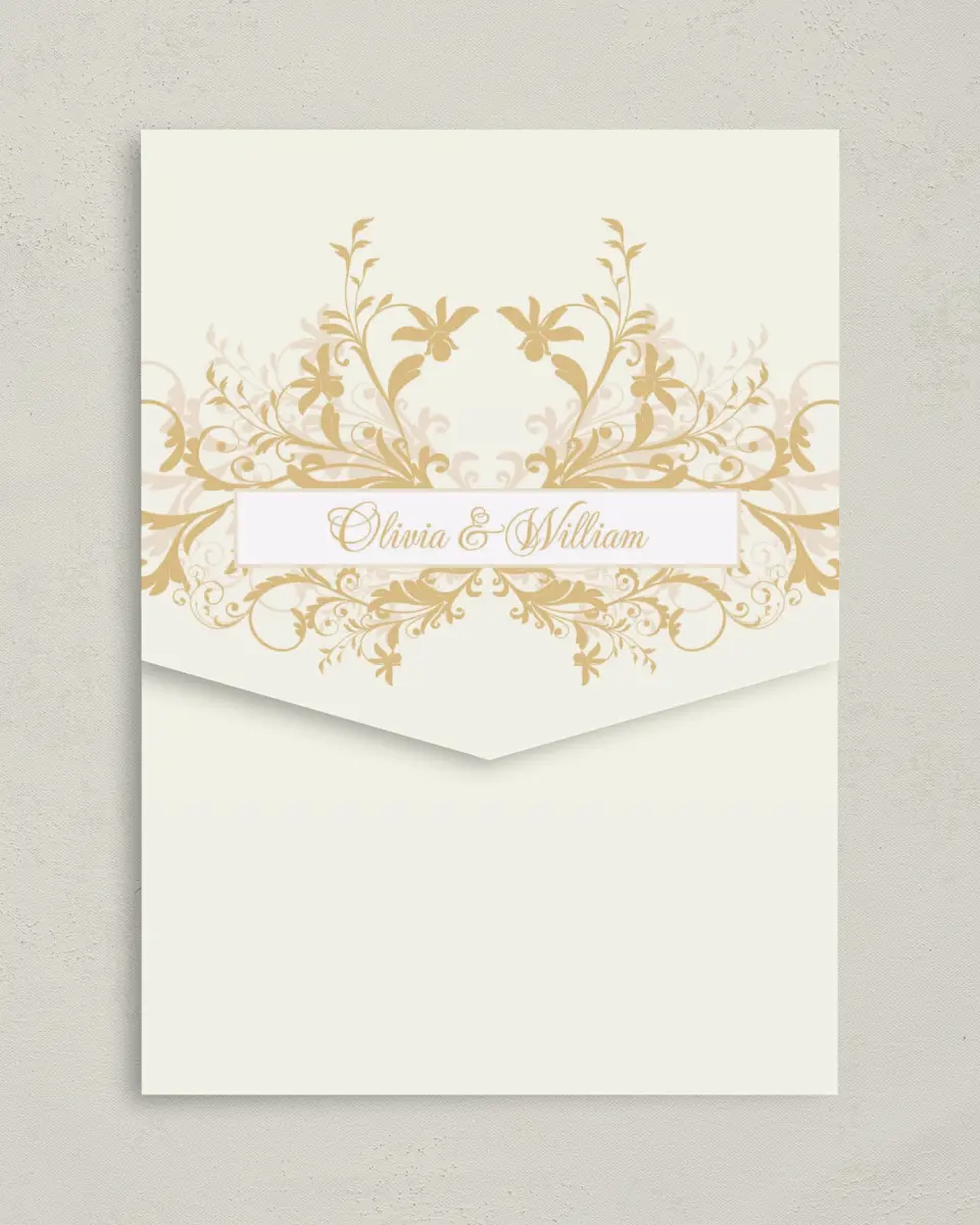 This is a 5¼" x 7¼" Folded Pocket Wedding Invitation called Classic Allure printed in full color on Premium Smooth paper