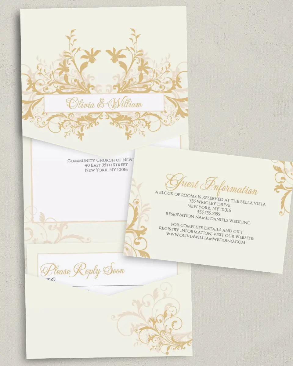 This is a 5¼" x 7¼" Folded Pocket Wedding Invitation called Classic Allure printed in full color with Gold foil on Luxe Satin (coated) paper