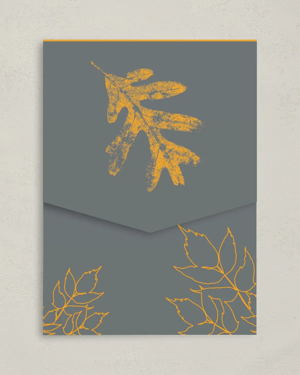 This is a 5¼" x 7¼" Folded Pocket Wedding Invitation called Autumn Stamp printed in full color on Premium Smooth paper