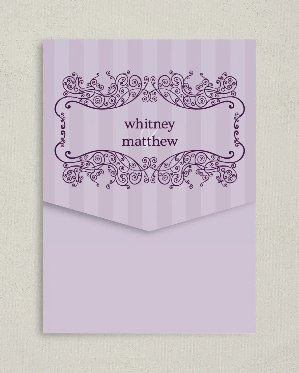 This is a 5¼" x 7¼" Folded Pocket Wedding Invitation called Lovely Lavender printed in full color on Premium Smooth paper