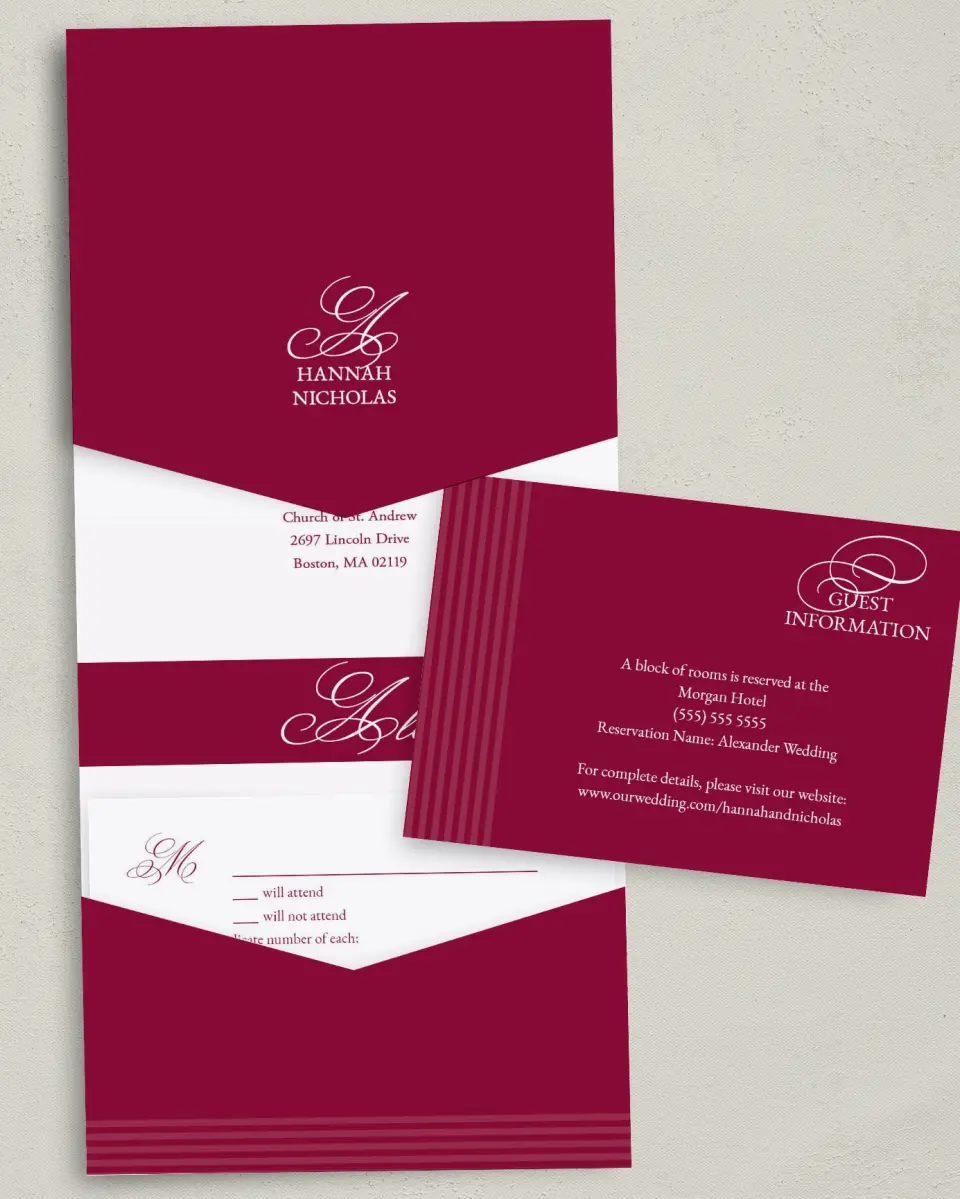This is a 5¼" x 7¼" Folded Pocket Wedding Invitation called Forever Yours printed in full color with Silver foil on Luxe Satin (coated) paper