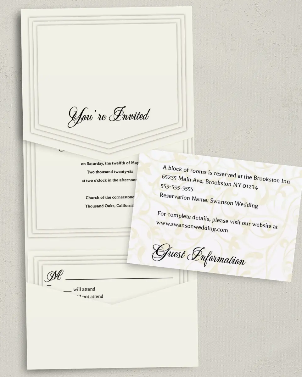 This is a 5¼" x 7¼" Folded Pocket Wedding Invitation called Classic Elegance printed in full color with Silver foil on Luxe Satin (coated) paper