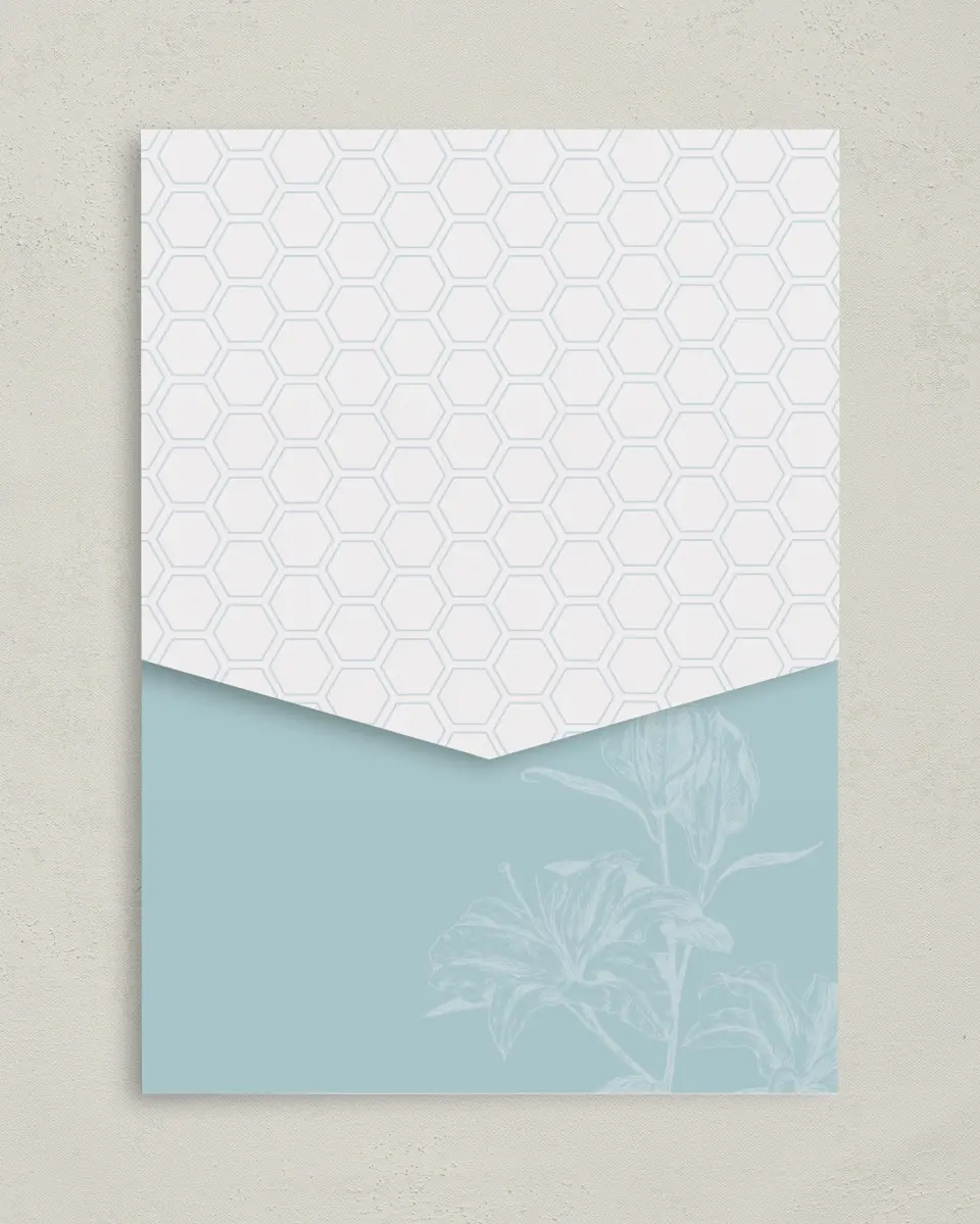 This is a 5¼" x 7¼" Folded Pocket Wedding Invitation called Honey Blossoms printed in full color on Premium Smooth paper