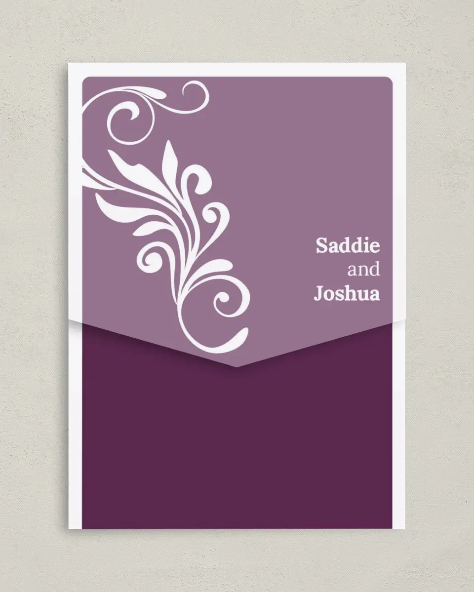 This is a 5¼" x 7¼" Folded Pocket Wedding Invitation called Alluring Affection printed in full color on Premium Smooth paper