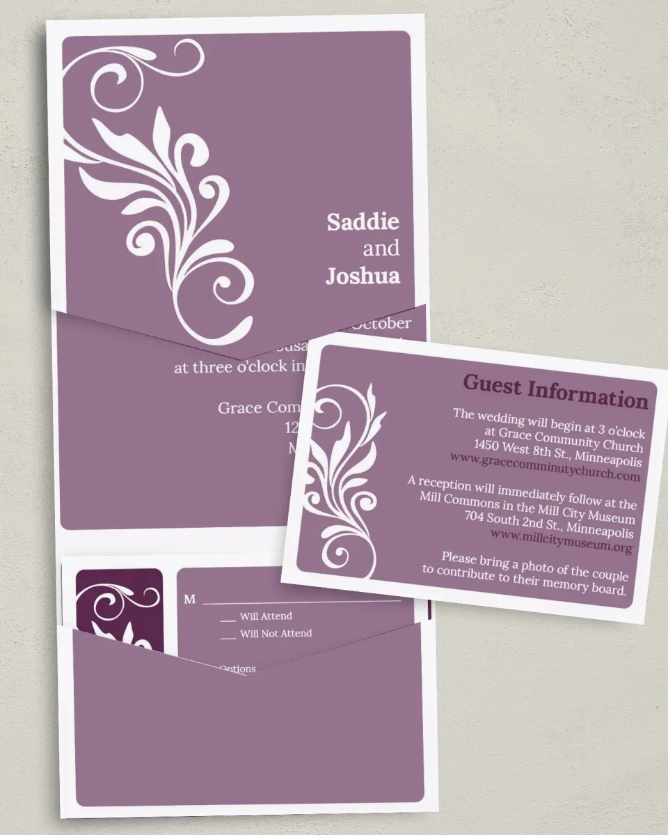 This is a 5¼" x 7¼" Folded Pocket Wedding Invitation called Alluring Affection printed in full color on Premium Smooth paper