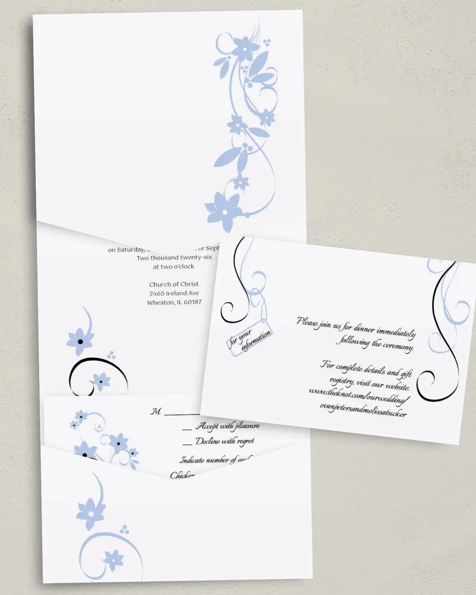 This is a 5¼" x 7¼" Folded Pocket Wedding Invitation called Floral Flourish printed in full color on Premium Smooth paper