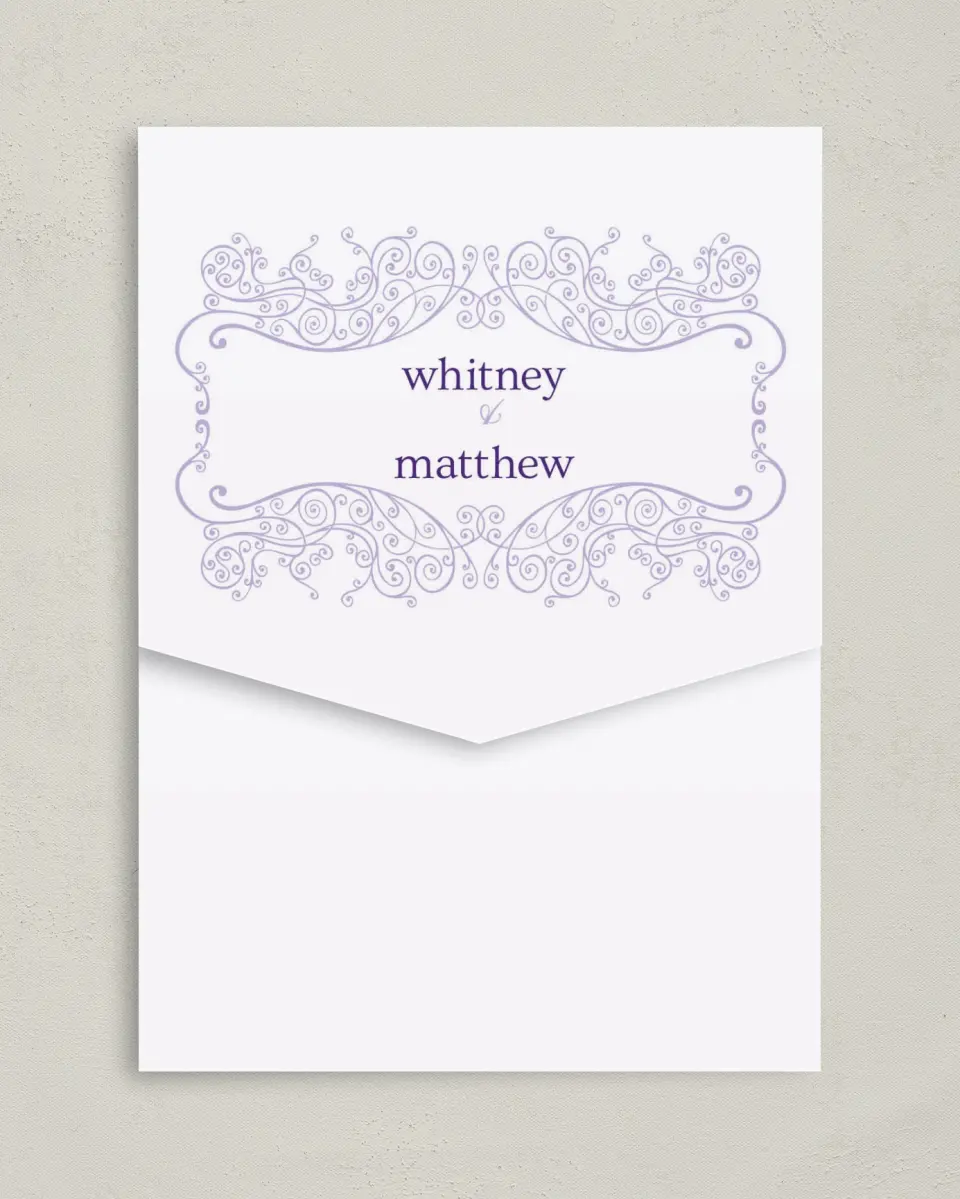 This is a 5¼" x 7¼" Folded Pocket Wedding Invitation called Charming Lavender printed in full color on Premium Smooth paper