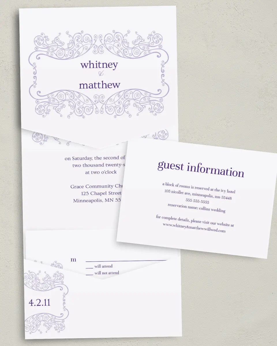 This is a 5¼" x 7¼" Folded Pocket Wedding Invitation called Charming Lavender printed in full color on Premium Smooth paper