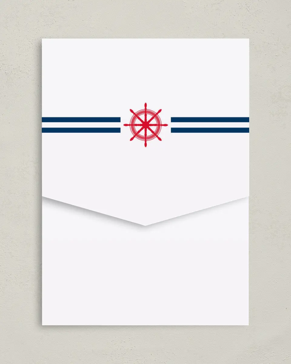This is a 5¼" x 7¼" Folded Pocket Wedding Invitation called Nautical Feelings printed in full color with Gold foil on Luxe Satin (coated) paper