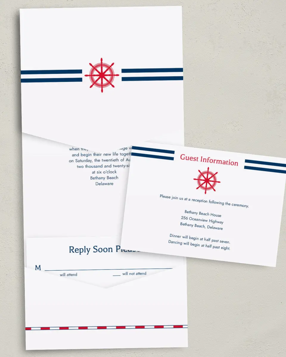 This is a 5¼" x 7¼" Folded Pocket Wedding Invitation called Nautical Feelings printed in full color with Gold foil on Luxe Satin (coated) paper