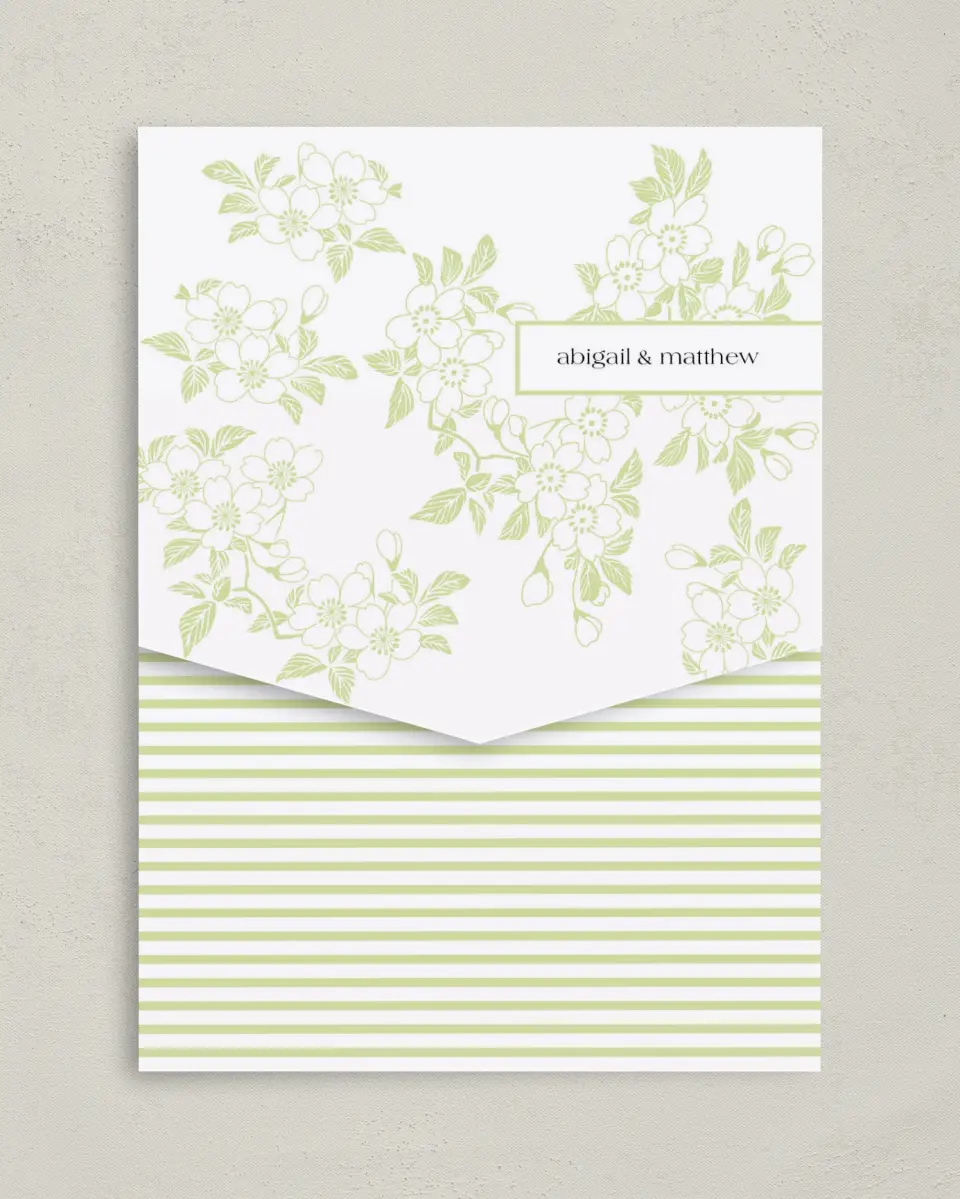 This is a 5¼" x 7¼" Folded Pocket Wedding Invitation called Lovely Blossoms printed in full color with Gold foil on Luxe Satin (coated) paper