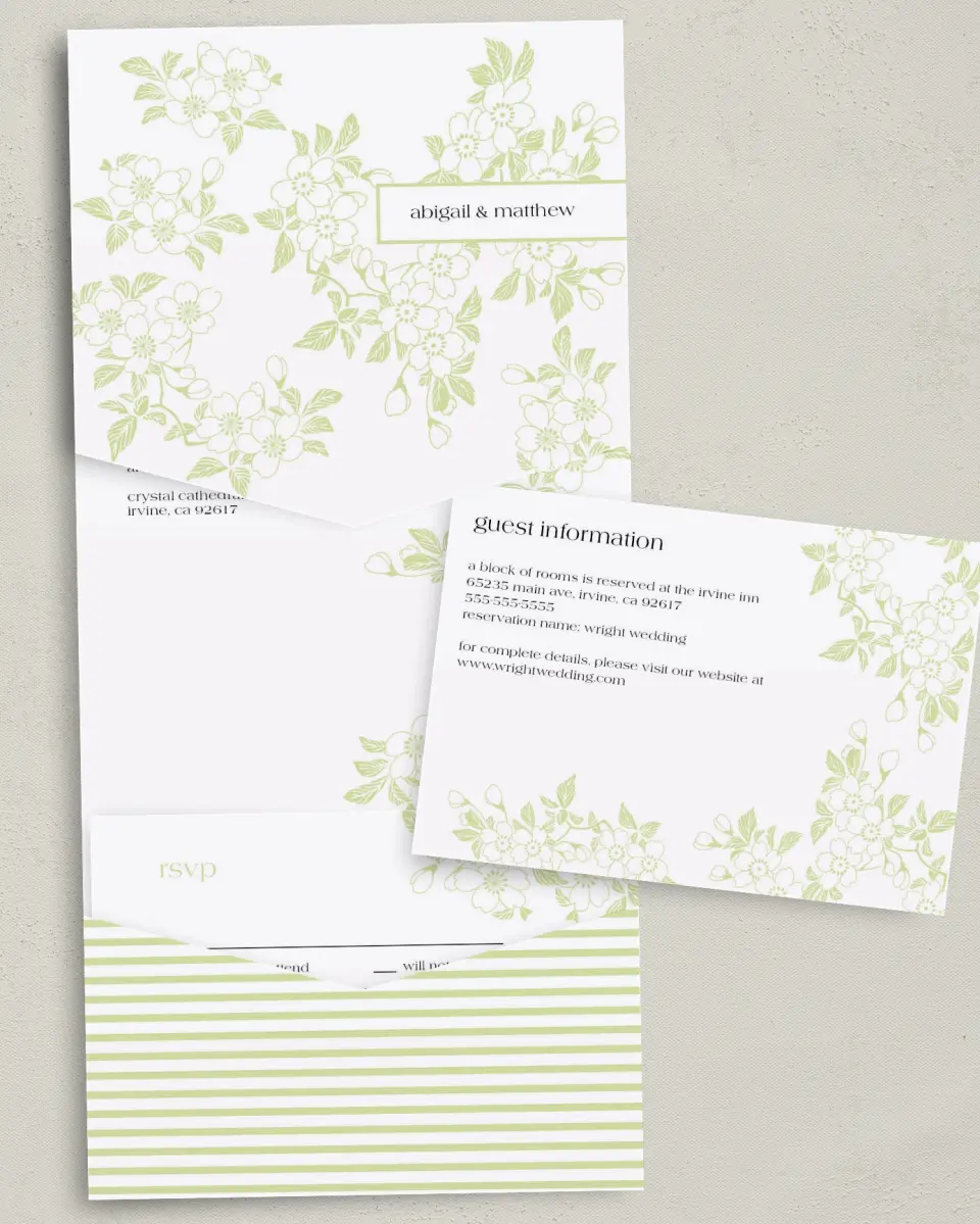 This is a 5¼" x 7¼" Folded Pocket Wedding Invitation called Lovely Blossoms printed in full color with Gold foil on Luxe Satin (coated) paper