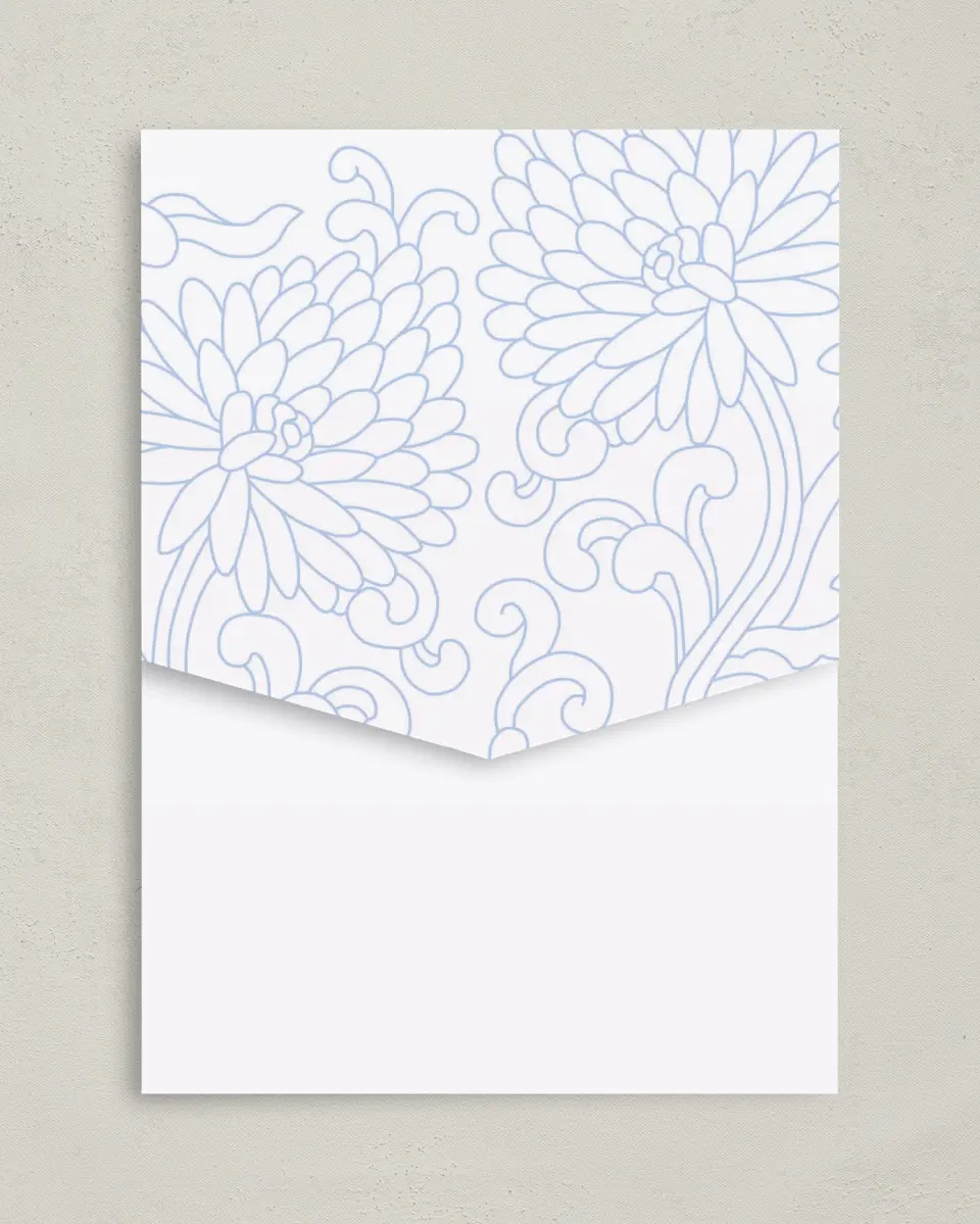 This is a 5¼" x 7¼" Folded Pocket Wedding Invitation called Pristine Beauty printed in full color with Gold foil on Luxe Satin (coated) paper