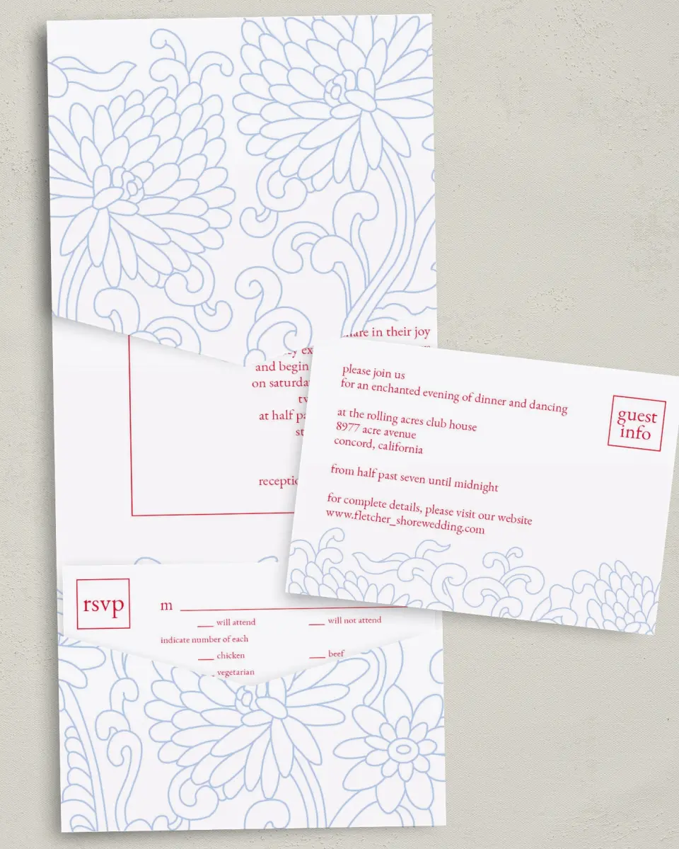 This is a 5¼" x 7¼" Folded Pocket Wedding Invitation called Pristine Beauty printed in full color with Gold foil on Luxe Satin (coated) paper