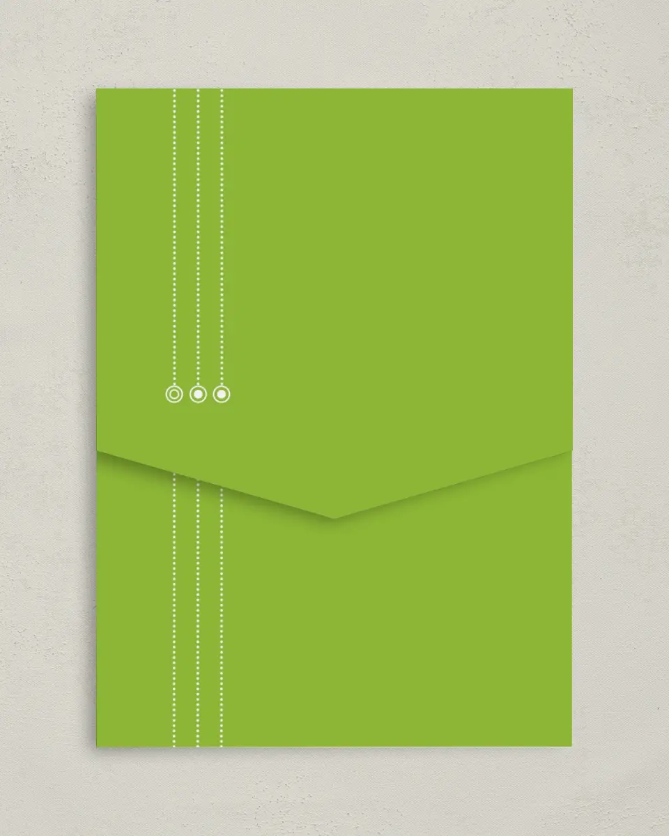 This is a 5¼" x 7¼" Folded Pocket Wedding Invitation called Ornament Stripe printed in full color with Gold foil on Luxe Satin (coated) paper