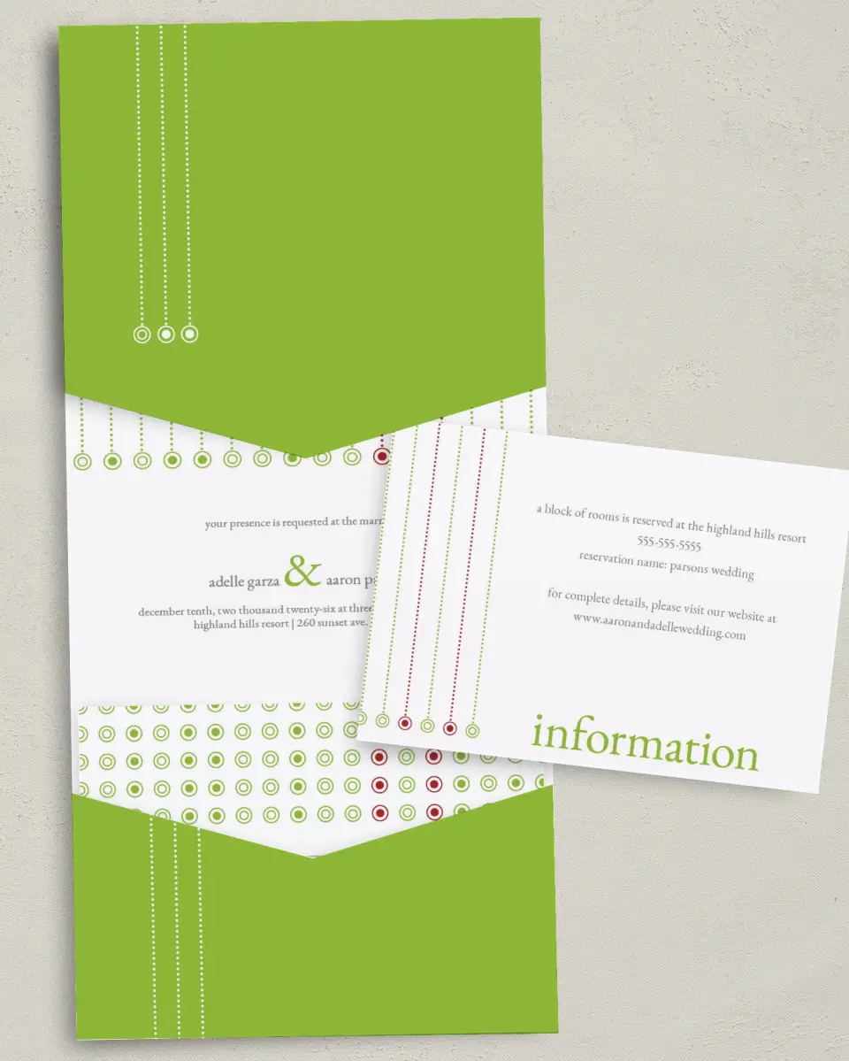 This is a 5¼" x 7¼" Folded Pocket Wedding Invitation called Ornament Stripe printed in full color with Gold foil on Luxe Satin (coated) paper