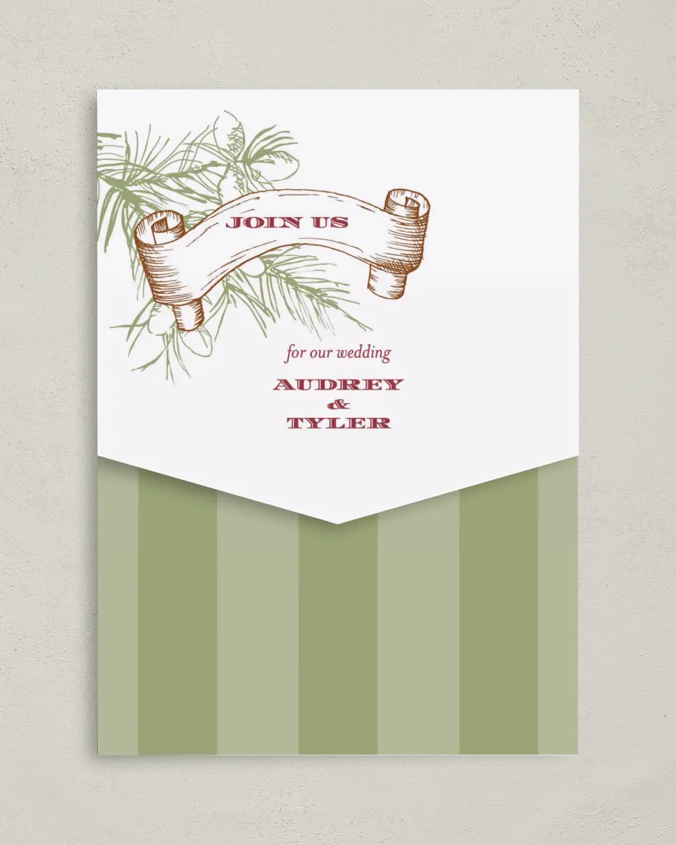This is a 5¼" x 7¼" Folded Pocket Wedding Invitation called Evergreen Christmas printed in full color on Premium Smooth paper