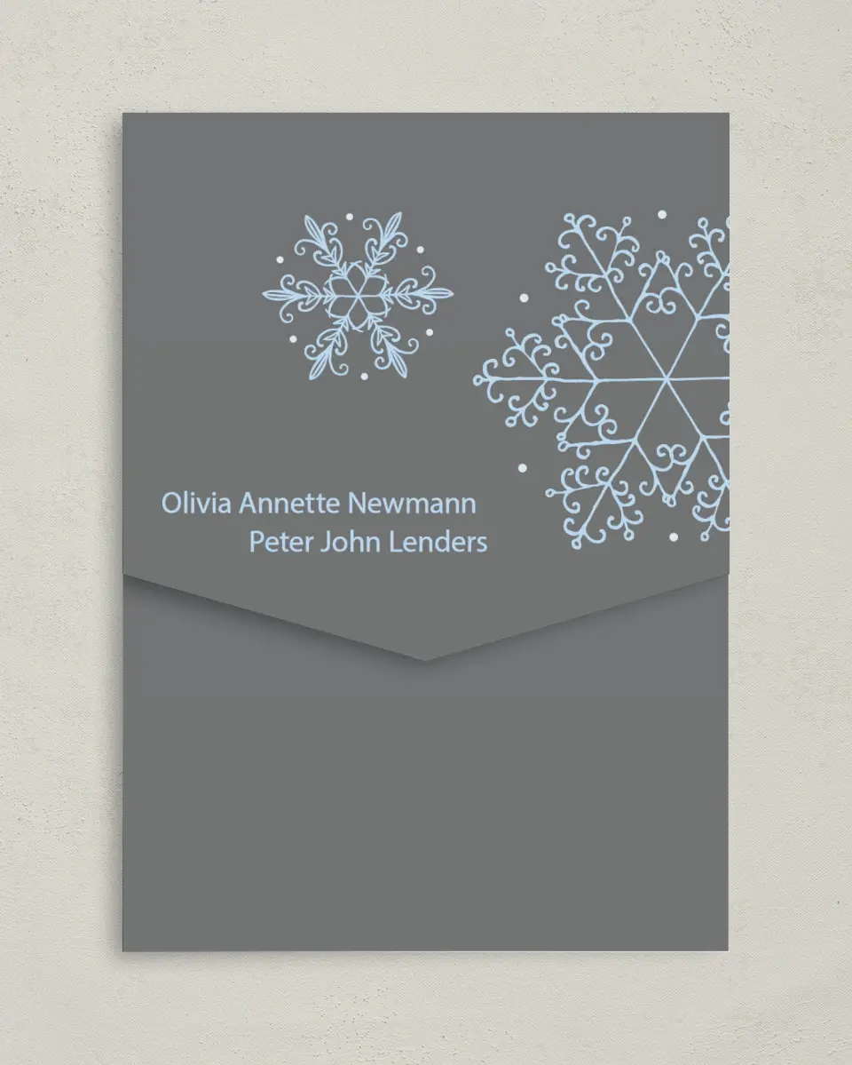 This is a 5¼" x 7¼" Folded Pocket Wedding Invitation called Seasonal Snowflake printed in full color on Premium Smooth paper